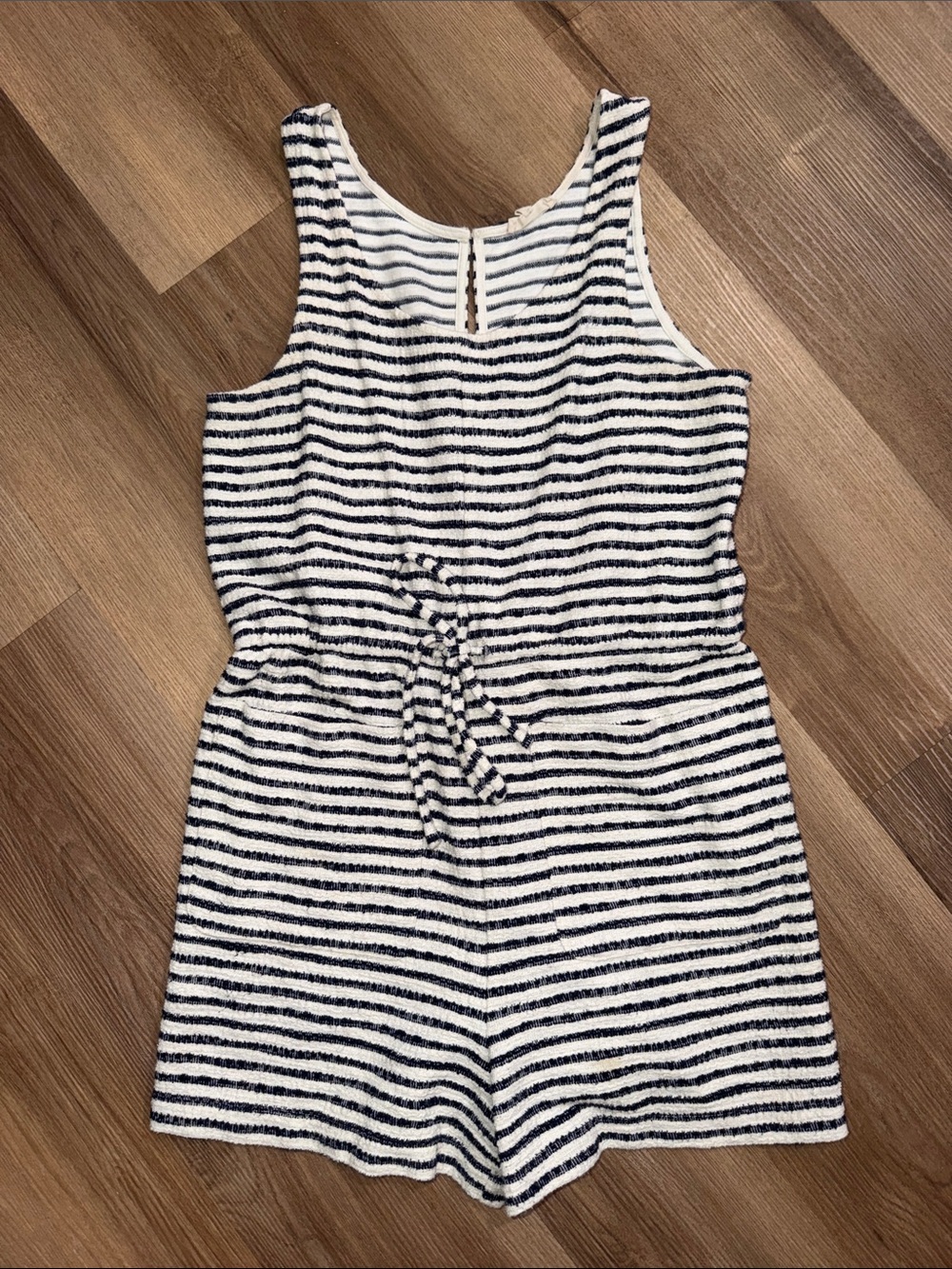 Madewell Striped Navy Blue Cream Striped Romper Drawstring Waist Pockets Medium